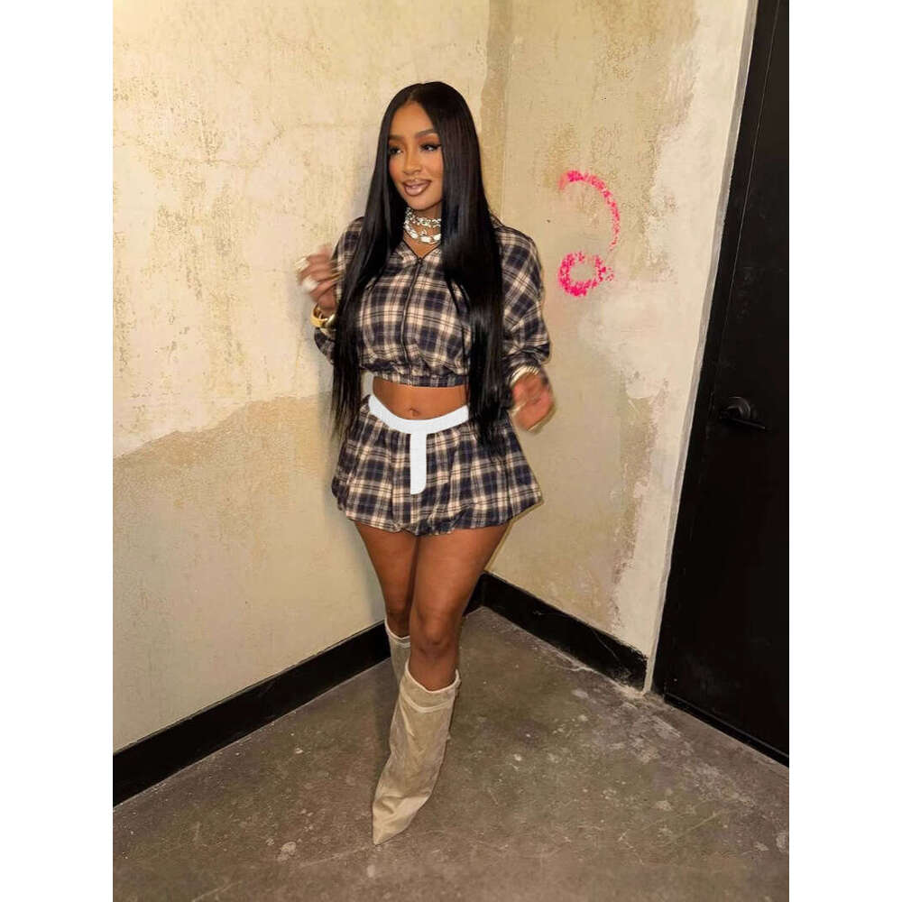 New Fashion Millennial Girl Grid Print Zipper Jacket Top With Puff Short Skirt Set B5