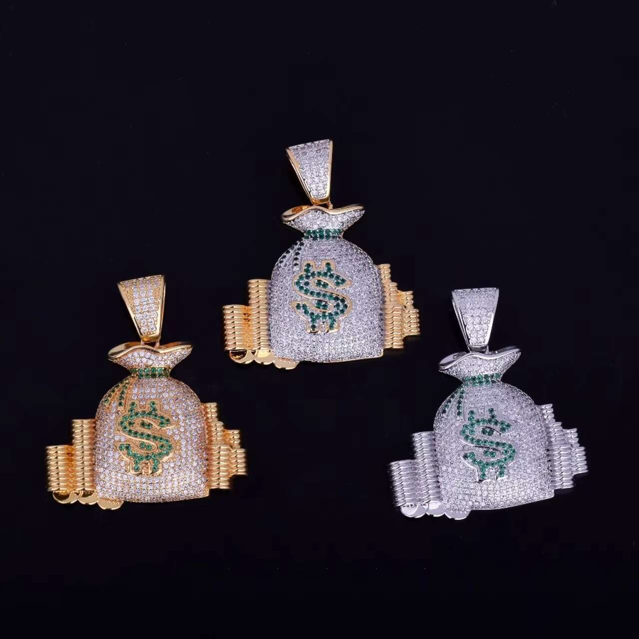 Hip Hop Style 18K Gold Silver Moissanite Money Bag Pendant with Stack Cash Coins Mens Womens Jewelry