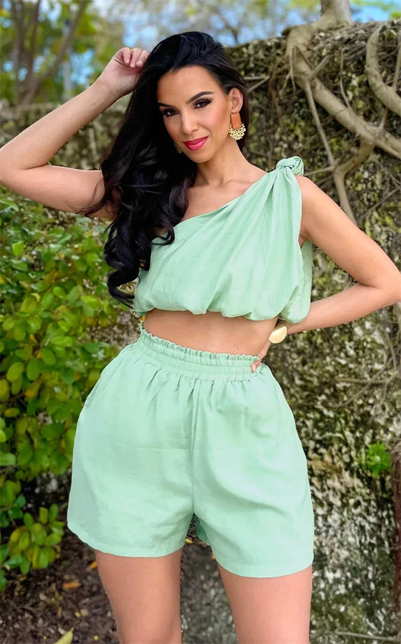 Solid Casual 2 Piece Set Woman Outfit Summer Clothes One Shoulder Draped Crop Top and Shorts Women Matching Sets Ensemble Short 250617