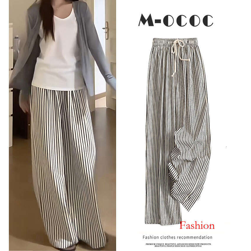 Korean Style Lazy Elastic Waist Striped Casual Summer New Slimming Versatile Thin Straight Long Pants For Women B5