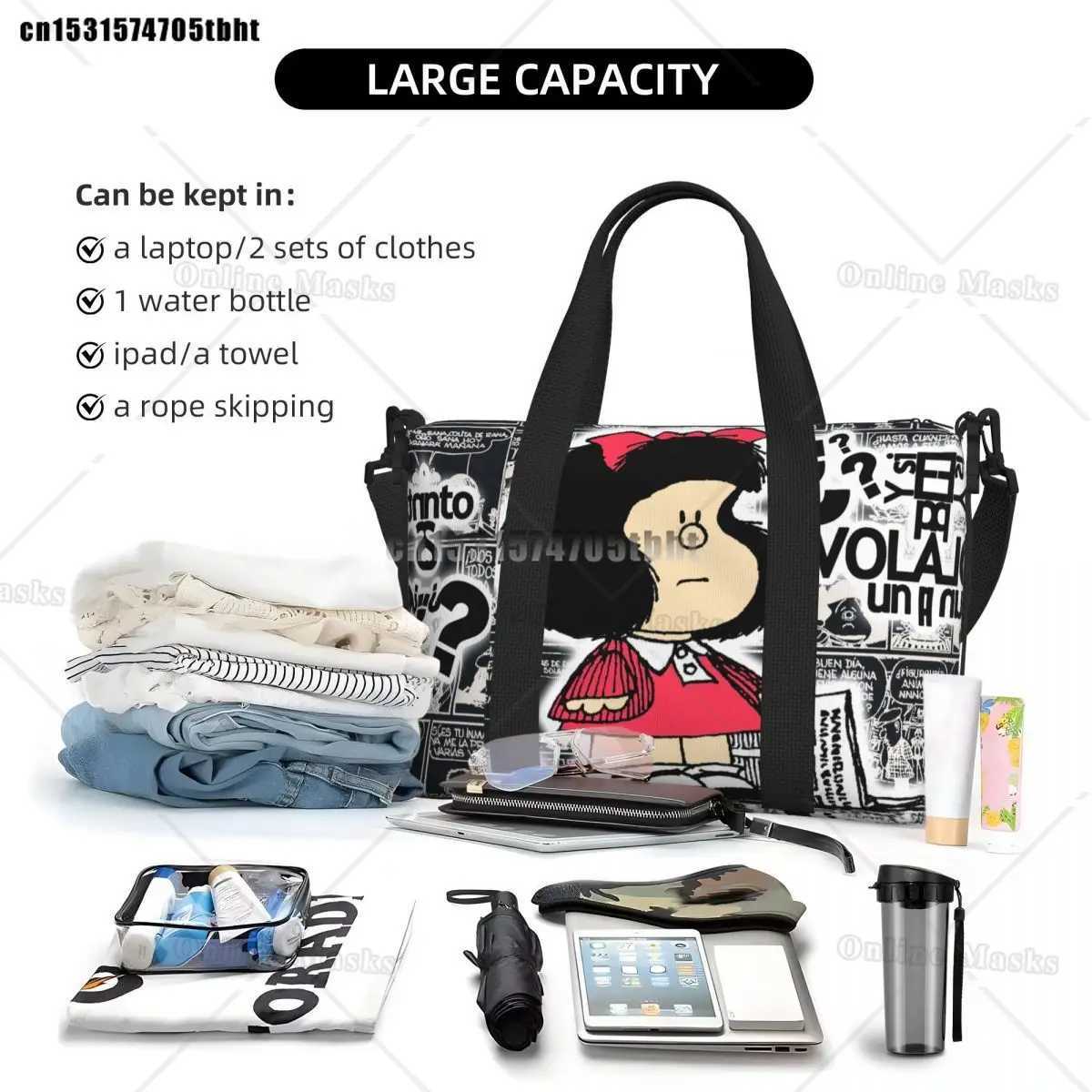 Vintage Quino Cic Mafalda Tote Bag Wen Large Capacity Cartoon Beach Gym Shoulder Travel Bag B250618