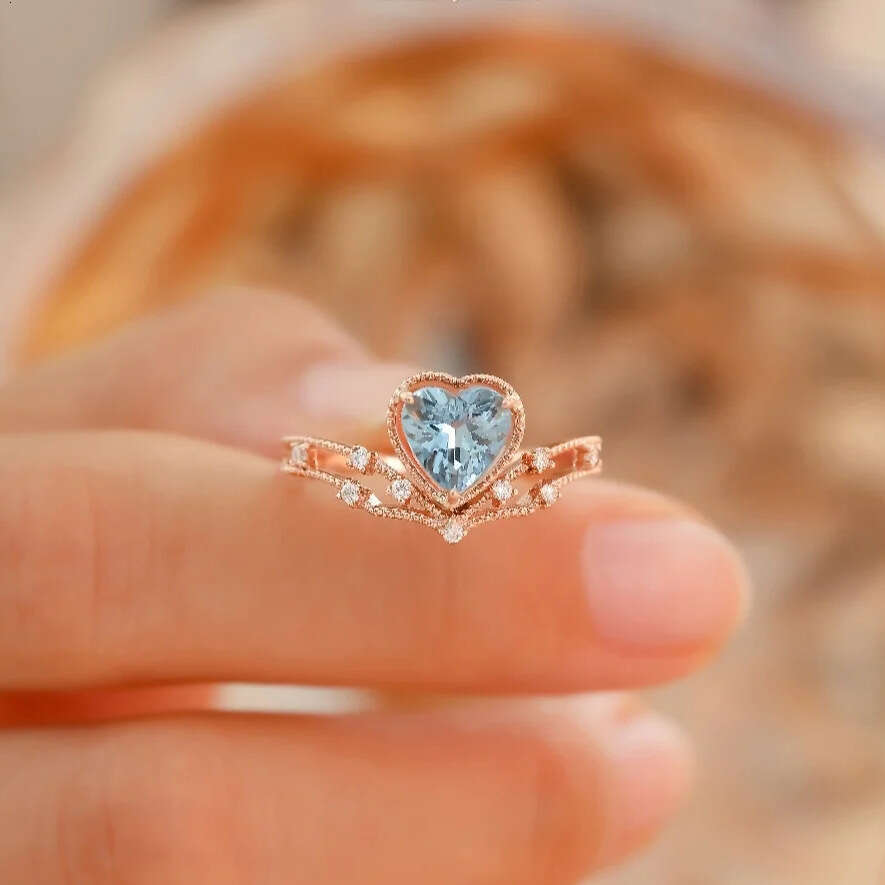 Trendy Live Streaming New High Imitation Blue Tourmaline Heart-shaped Simple Elegant Champagne Gold Plated Light Luxury Open Ring for Women