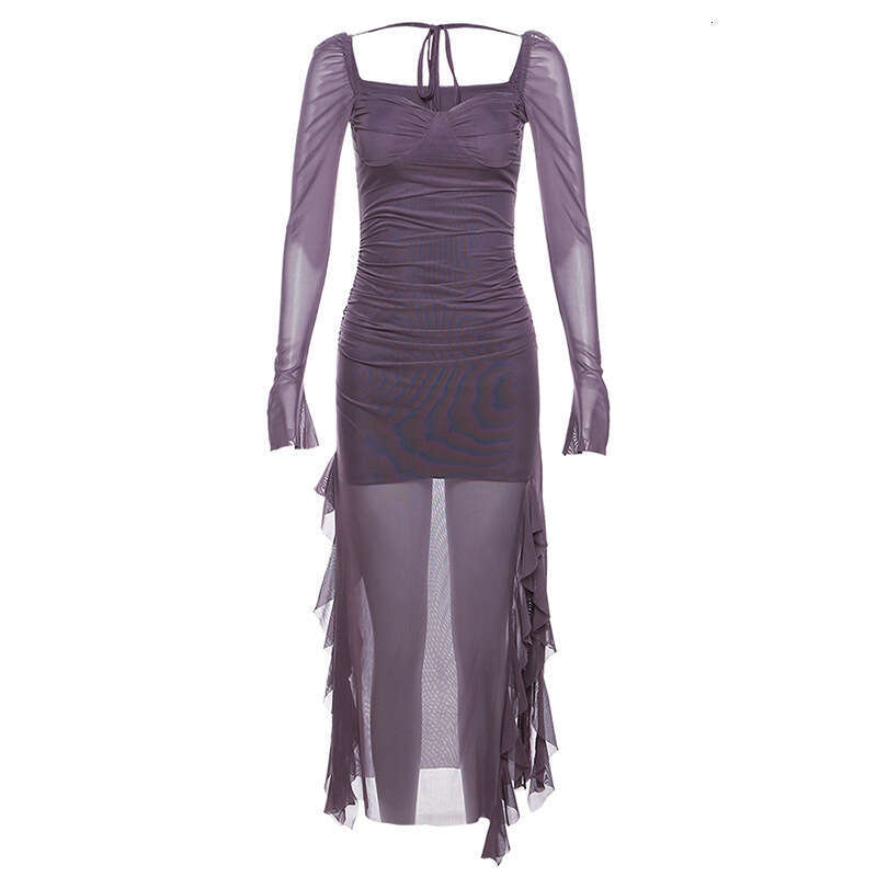 Autumn New Women's Solid Color Slim Fit High Waist Fashion Square Neck Long Sleeve Mesh Dress B5
