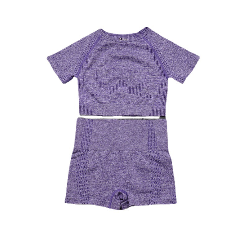 Cross-border European and American seamless knitted sports yoga suit for women, quick-drying short-sleeved short-shorts tight two-piece set for women