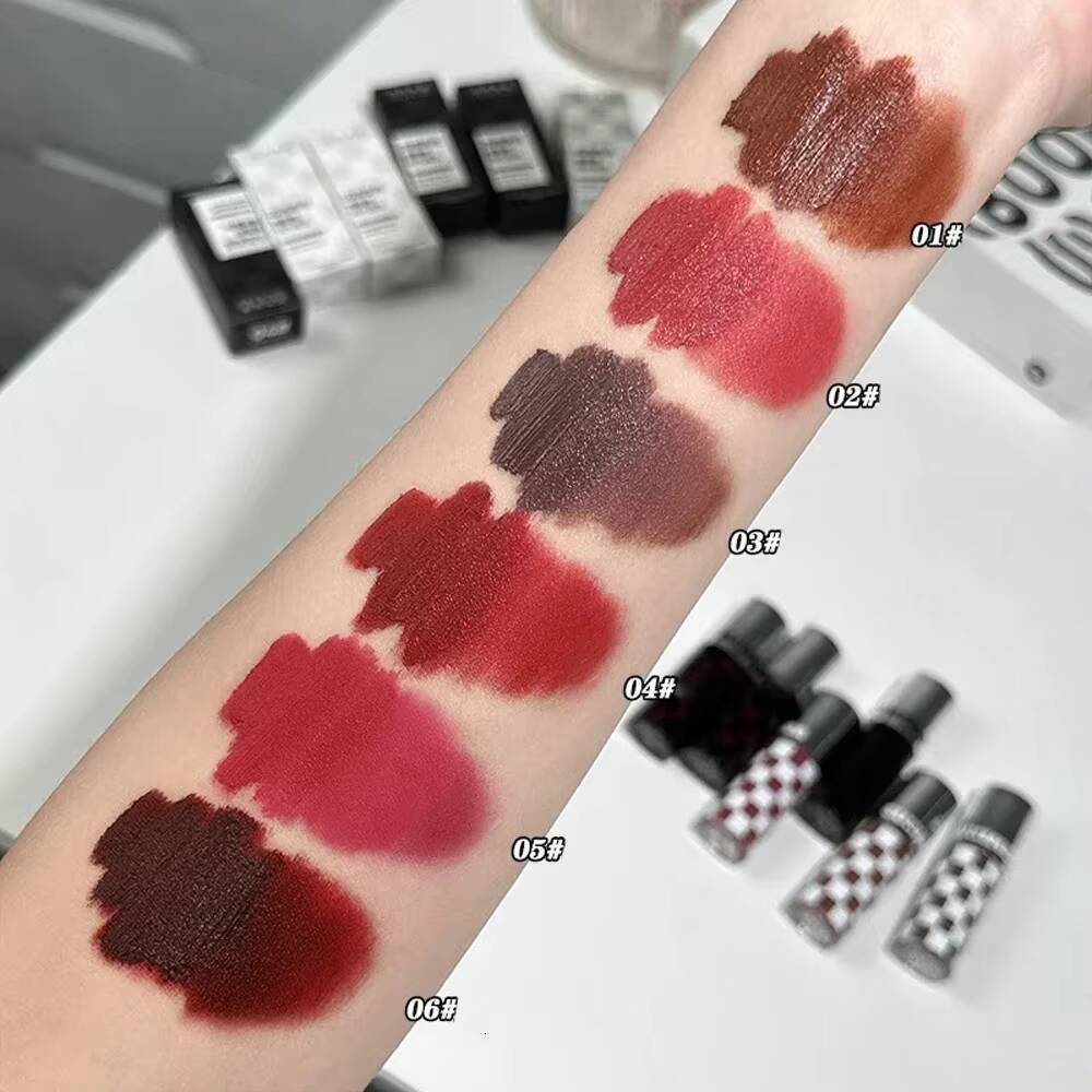Checkered Nude Purple Matte Mud Mousse Waterproof Punk Red Velvet Gloss Non-Stick Cup Lipstick Tint Lip Makeup happy