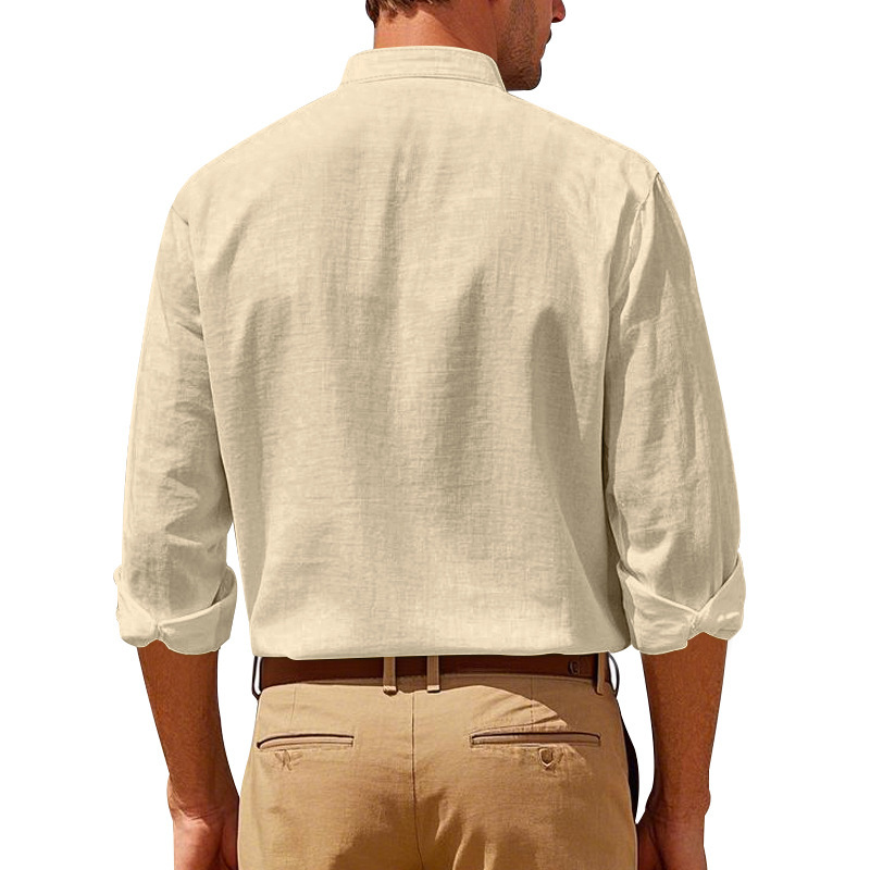 Men's linen shirt long-sleeved casual shirt stand-up collar breathable new Chinese-style pocket shirt European code: S-3XL