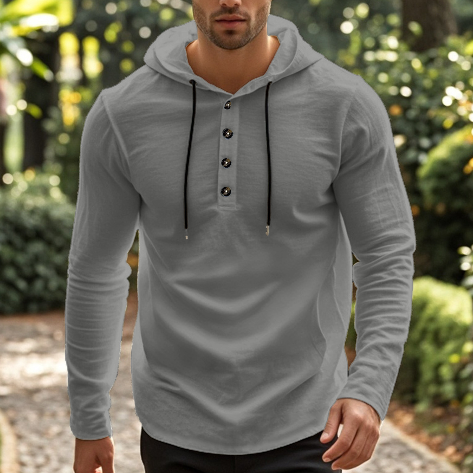 Men's linen T-shirt long-sleeved shirt casual sports top fashionable shirt hooded Henry button loose long-sleeved base shirt European code: S-3XL