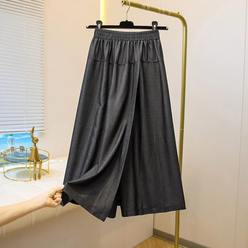 Plus Size Plus Size Style Slim Fit Lyocell Denim Shorts Summer Thin Elastic Waist Cool Wide Leg Slit Skirt Pants for plus 250609