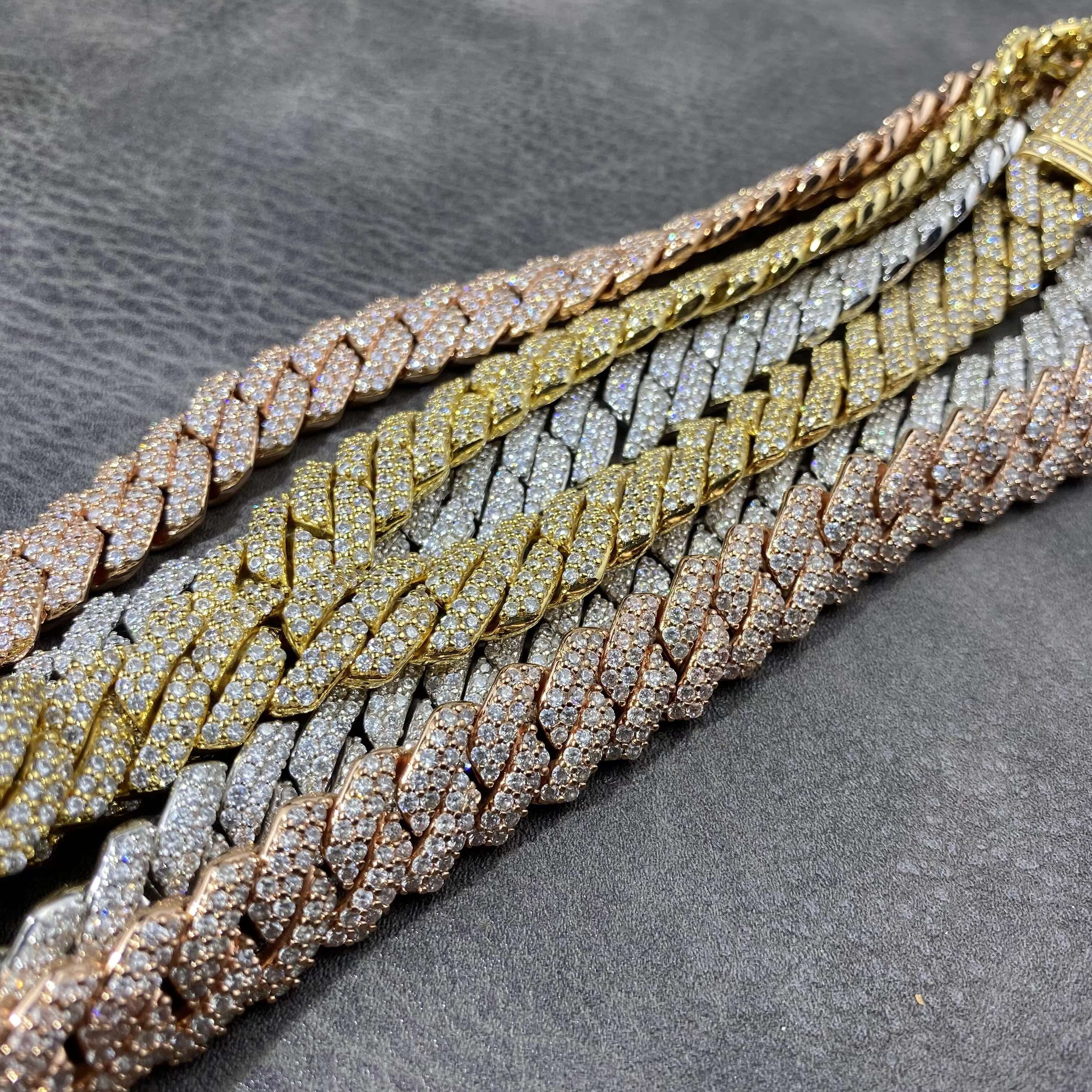 Man Hip Hop Jewelry Zircon Diamond Choker Necklace Gold Plated 14mm Prong Cuban Link Chain Bracelet for Women Men