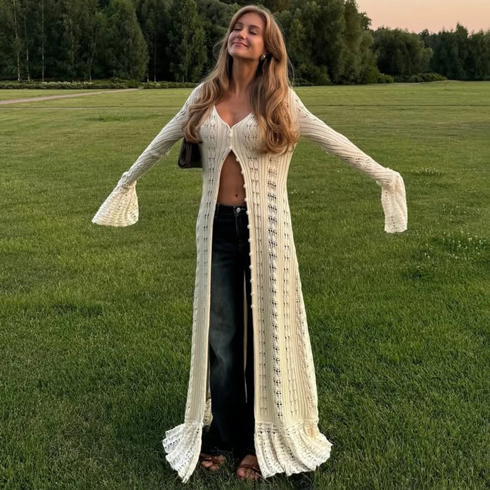 Talenza Womens Casual Cardigan Summer Hollow Out Long Sleeve Loose Vacation Long Cardigan Vintage Ruffle Female Long Dresses 250617