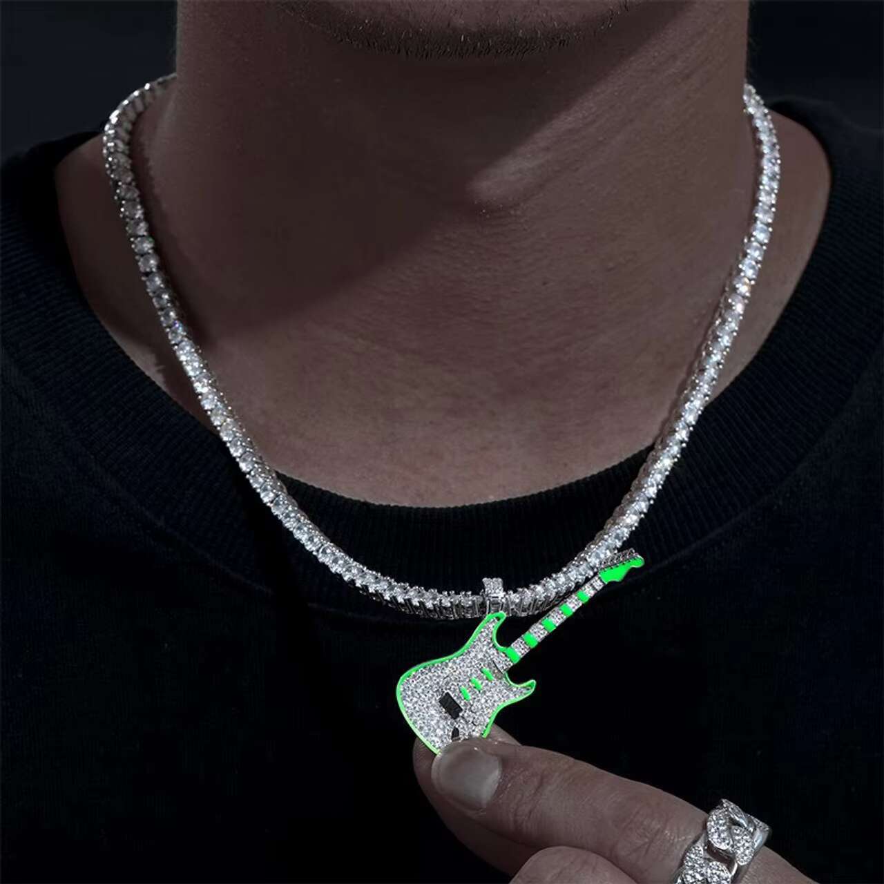 Glow in the Dark Series High Quality 925 Sterling Silver VVS Moissanite Diamond Iced Guitar Pendant Necklace