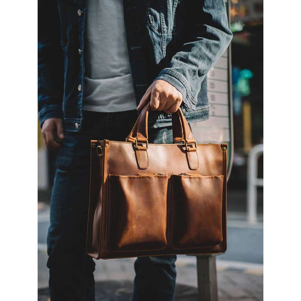 Vintage Men's Briefcase Genuine Leather Casual Trend Handbag High Capacity Shoulder Bag Zipper Pockte For 14 Inch Laptop NUPUGOO