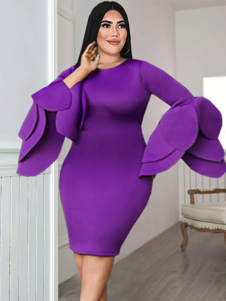 Purple Midi Dresses for Women Plus Size Long Ruffles Sleeve Elegant Formal Occasion Birthday Wedding Guest Evening Gowns