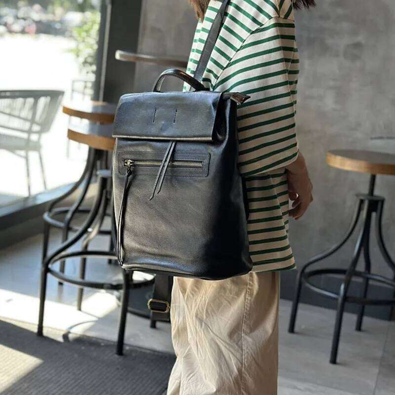 Johnature Casual Backpack Women Genuine Leather Large Capacity Bag 2025 New Retro Solid Color Real Cowhide Travel Backpacks