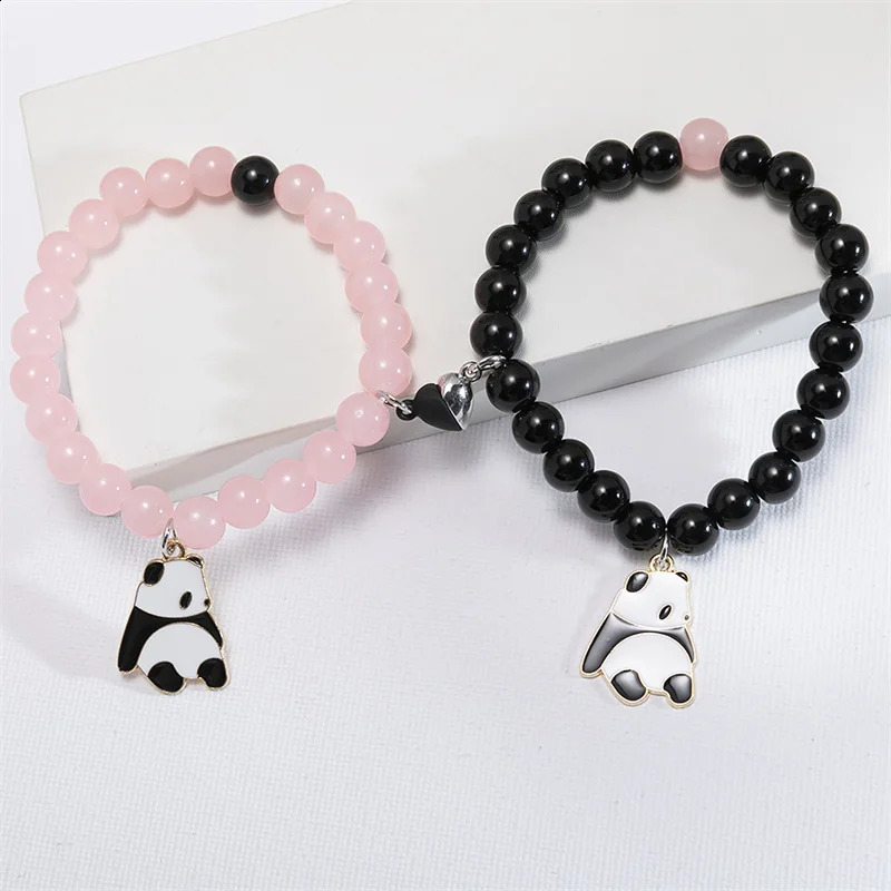 2pcsset Cute Panda Charms Bracelet Black Pink Glass Crystal Beads Set Handmade Hand String Women Summer Fashion Jewelr 250613