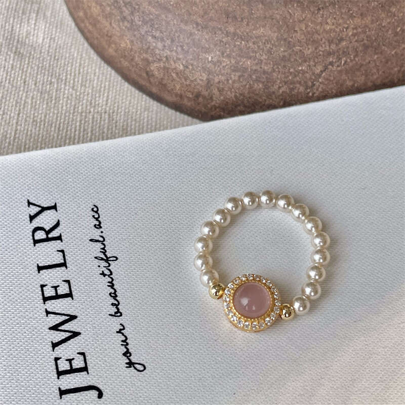 High Aquamarine Pink Imitation Agate Pearl Fashionable High-end Elastic Rope Internet Celebrity Index Finger Ring