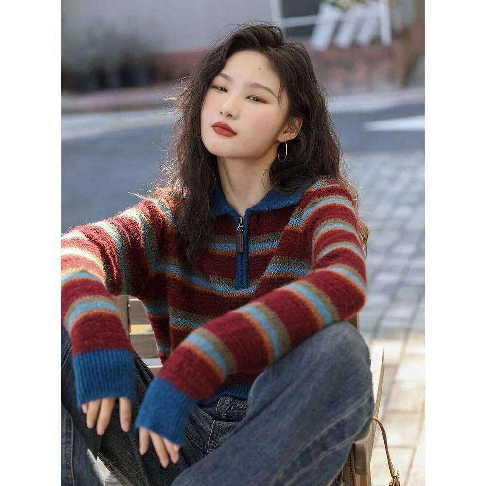 Department of Beauty Rainbow striped zipper half neck cashmere knitwear women's fall/winter loose sweater woolen base