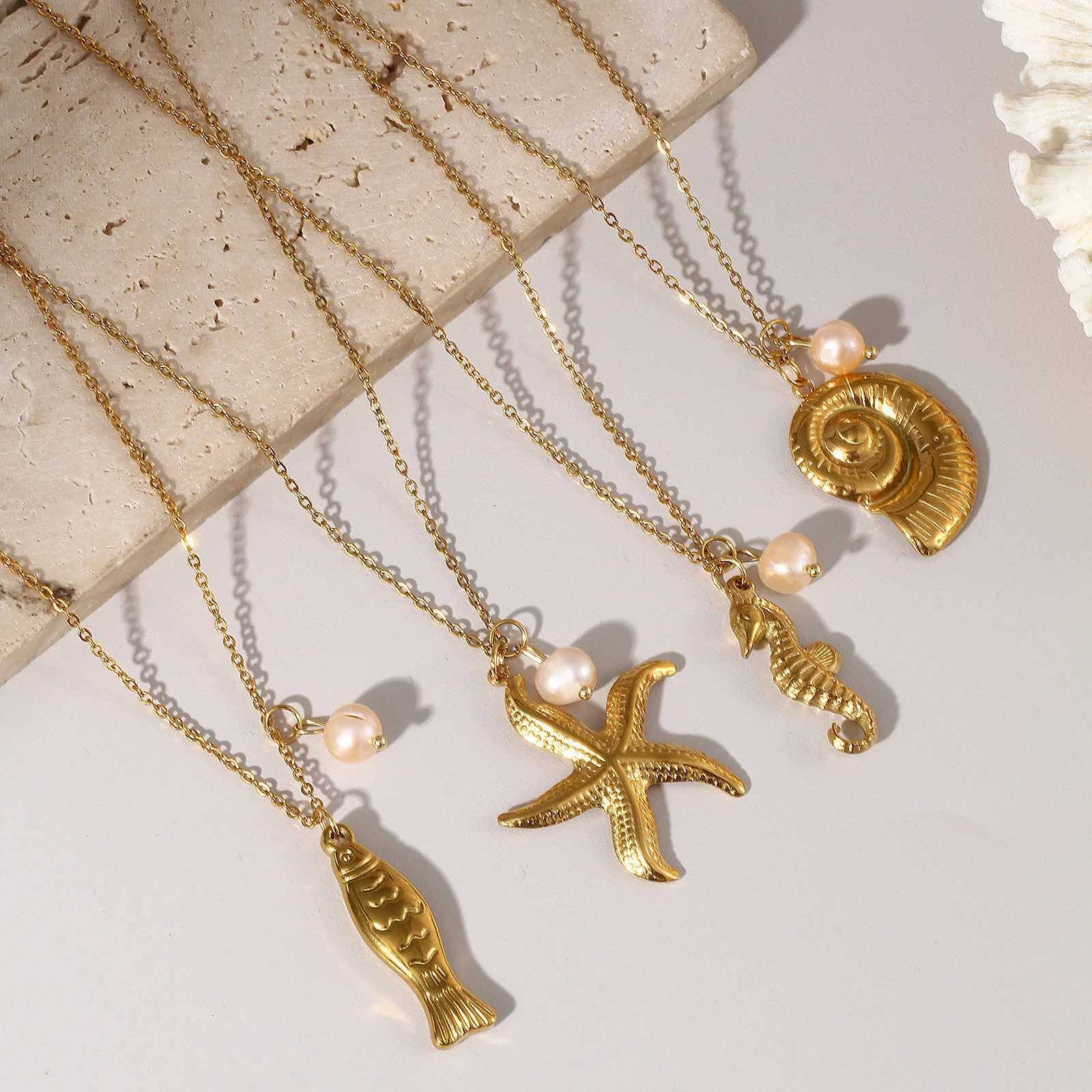 Ocean Jewelry 18K Real Gold Plated 304 Stainless Steel Natural Pearl Link Cable Chain Pendant Charm Necklace For Women Gift W250618