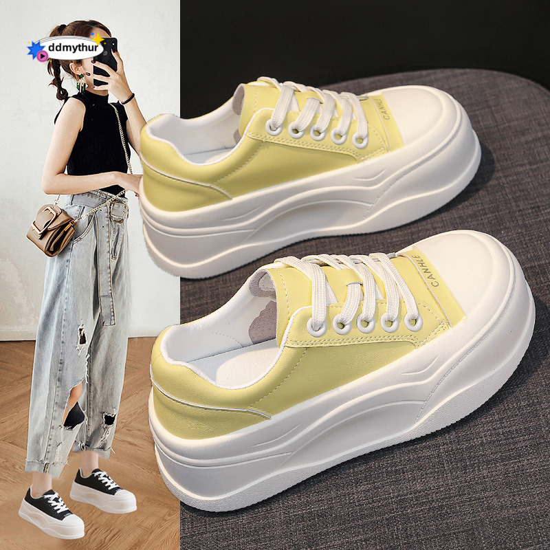 2025 New Style High-End Genuine Leather Thick-Soled Sneakers Height Increasing Versatile Lace-Up White Fashion Casual Shoes for Women ddmythur