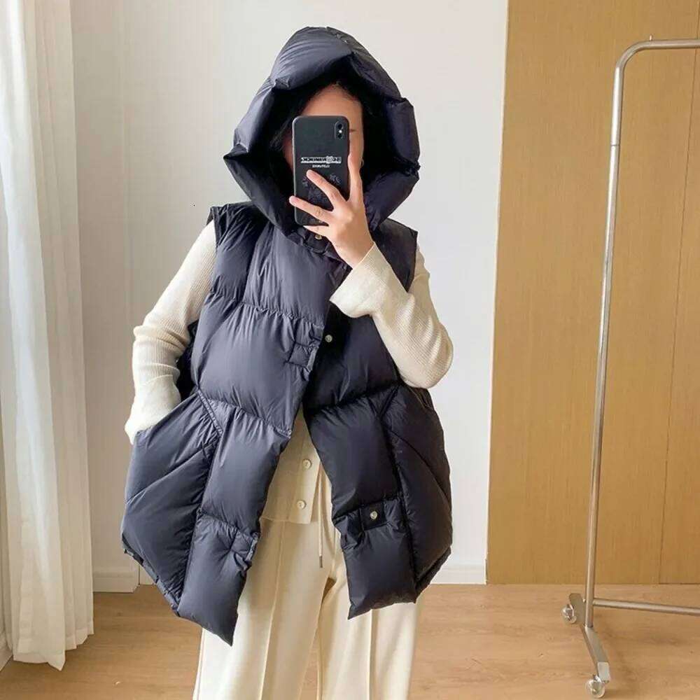 2024 Autumn Winter Warm Streetwear Pockets Oversize Puffer Coat Outerwear Hooded Waistcoat Woman Down Sleeveless Jacket