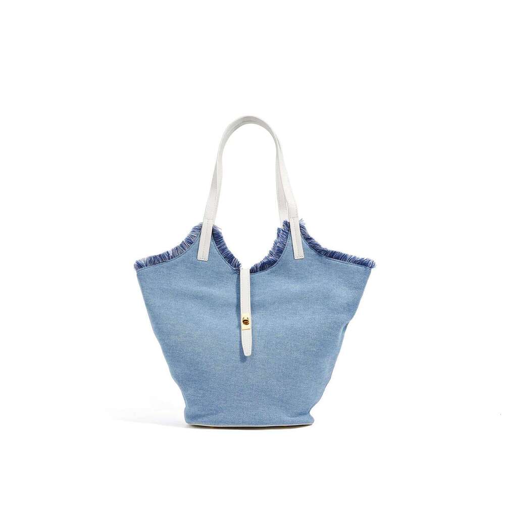 Vacation Beach Handbag Denim Underarm 2025 New Niche Large Capacity Vintage Tassel Tote Bag Genuine Leather Splicing Ladies