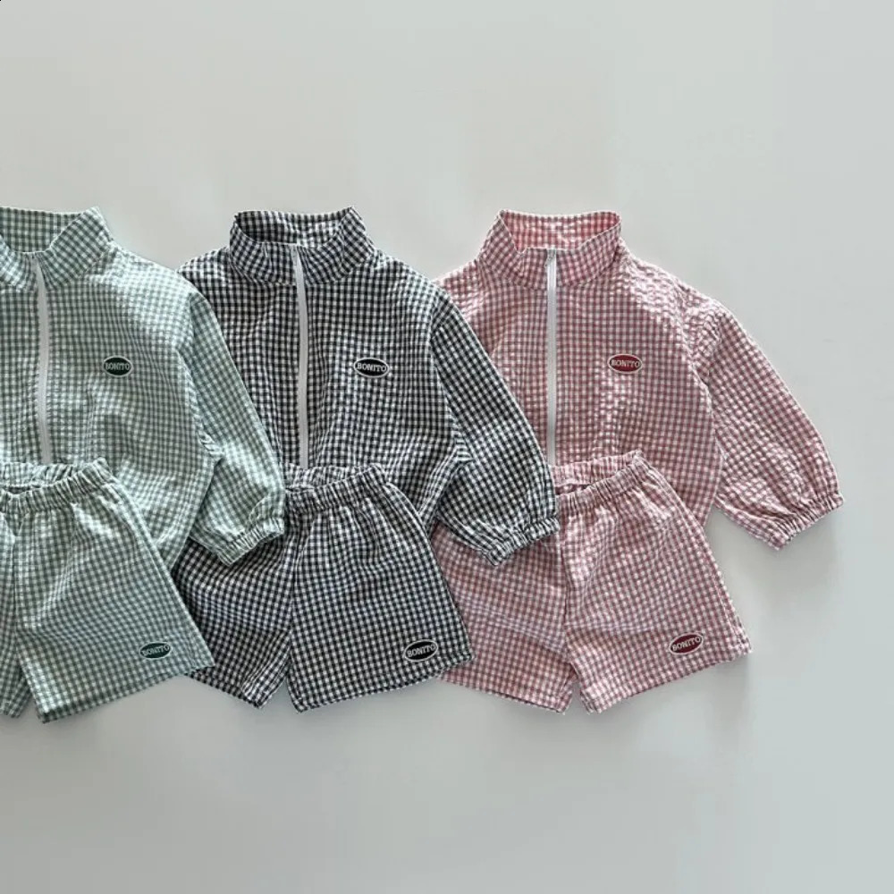 22461 Children Clothing Set Korean Boys Summer Suit Leisure Thin Plaid Zipper Sunscreen CoatShort Two Piece Suit 250617