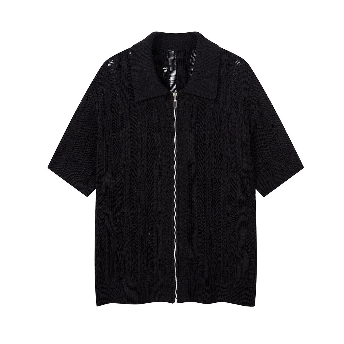PFNW Niche Chic Hollow Out Pole Short Sleeve Knitted T-shirt Mens 2025 Summer Zipper Tops Loose Lapel Tops 28W6586 250617
