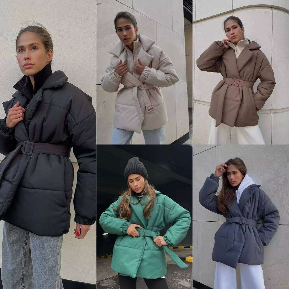 Winter Thick Stand Collar Parkas Fashion Tie Waist Coats Women Elegant Solid Short Padded Jackets Female Ladies