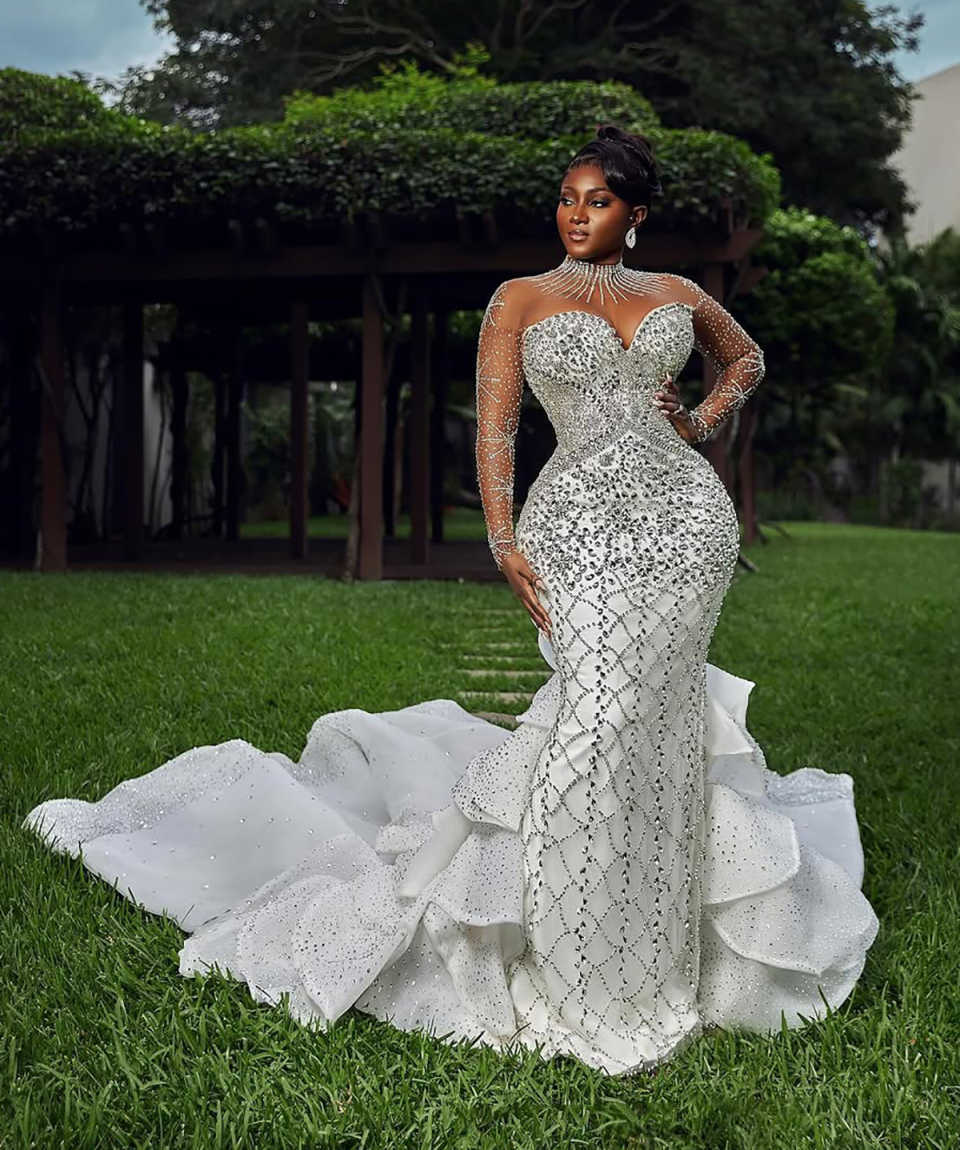 Customzied Mermaid Wedding Dresses Luxury Crystal Beading High Neck Long Sleeve Tiered Ruffles Bridal Gowns Robe Vestido De Novia