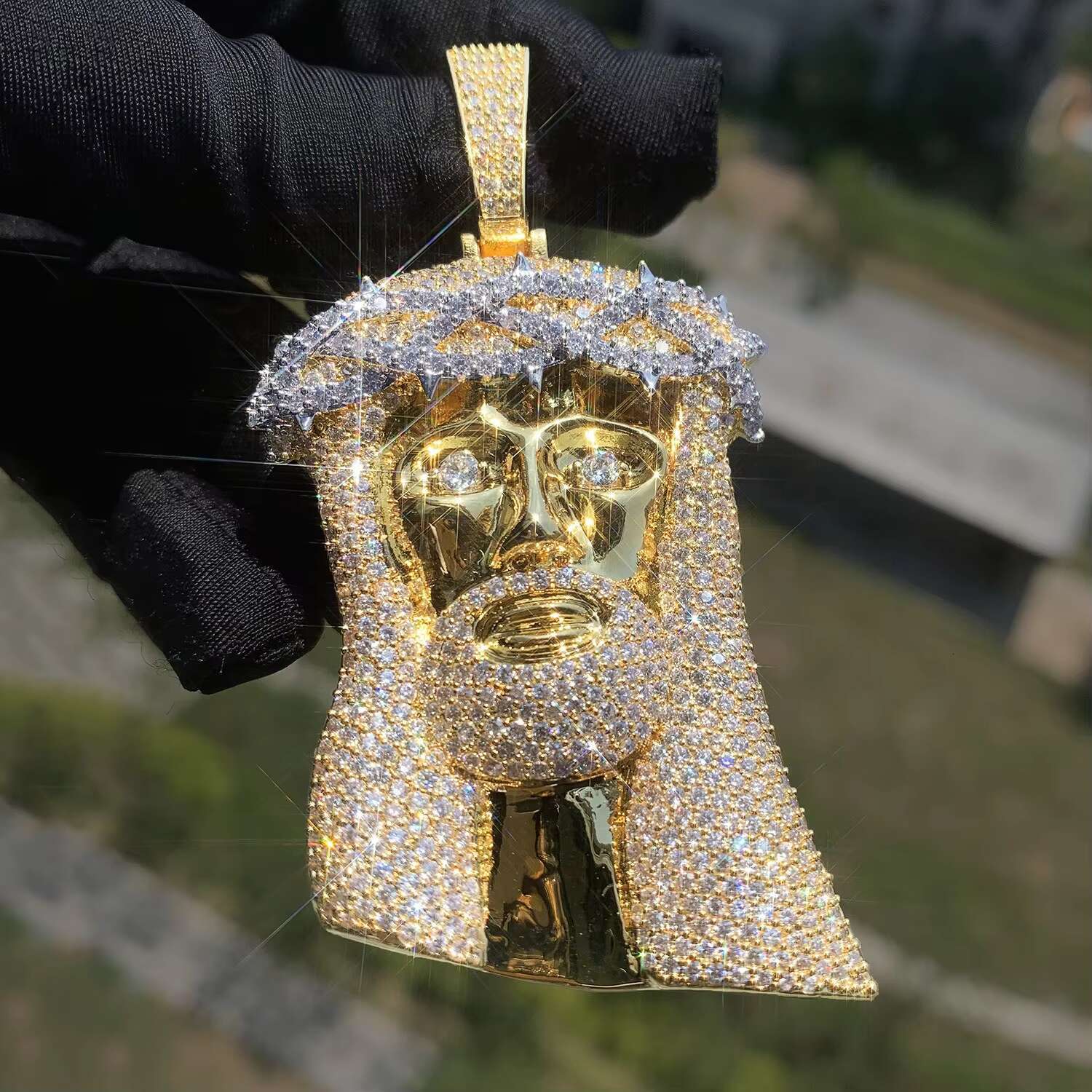 14K Gold Finish Huge Spooky Big Jesus Head Zircon Charm Iced Out Jumbo Pendant Cubic Zirconia Necklace for Men