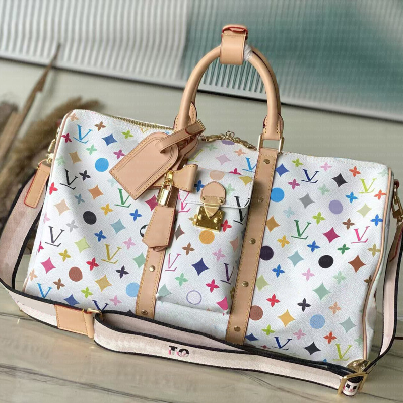 10A Luxury Duffle Bag Large Tote Travel Bag Designer 10A Takashi Murakami White Colorful flower Duffel Bag Womens Mens Carry on Luggage Handbag Crossbody Weekend Bag