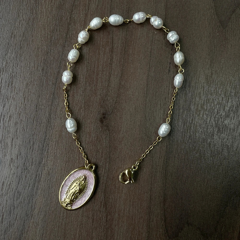 Natrual Pearls Beads Rosary Bracelet with Gold Color Stainless Steel Chain Virgin Mary Charm Spiritual Jewelry for Women gift 250617