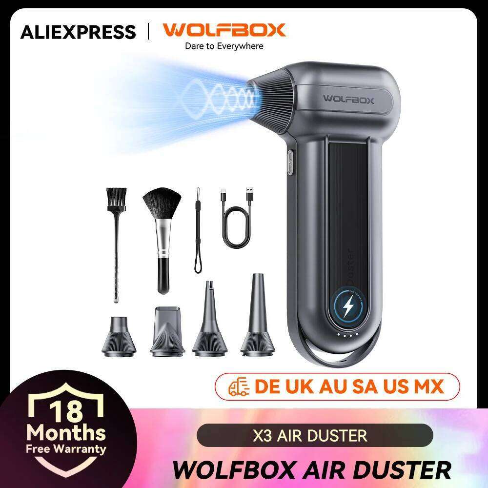 wolfbox mf100 electric duster air blower150000rpm super power rechargeable 3gear brushless motor for car pc home outdoor