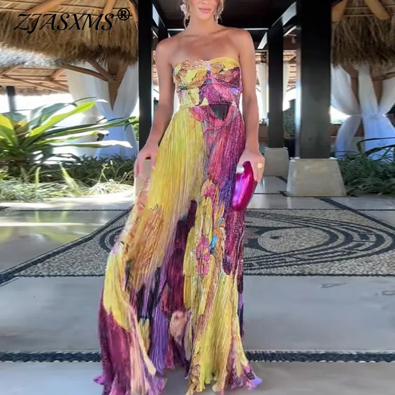 2025 Sexy Sling High Waist Party Dress Woman Elegant Pleated Print Robes Dress Summer Fashion Sleeveless Hollow Boho Dresses 250618