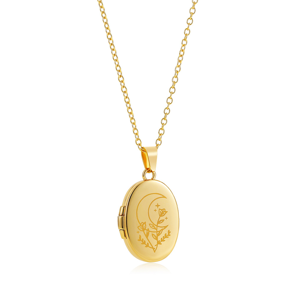 Non Tarnish Photo Hold Picture Oval Pendant Locket Necklace 18K Gold Plated Moon Sun Charm Souvenir Memorial Jewelry for Women Valentine Anniversary B