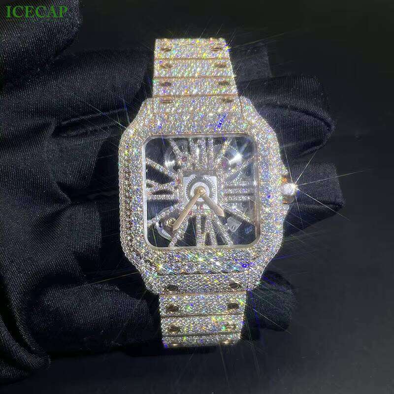 Custom Yellow Bling Full Dia Watch Hip Hop Iced VVS Moissanite Fashion Mechanical Watches Leather Rubber Band