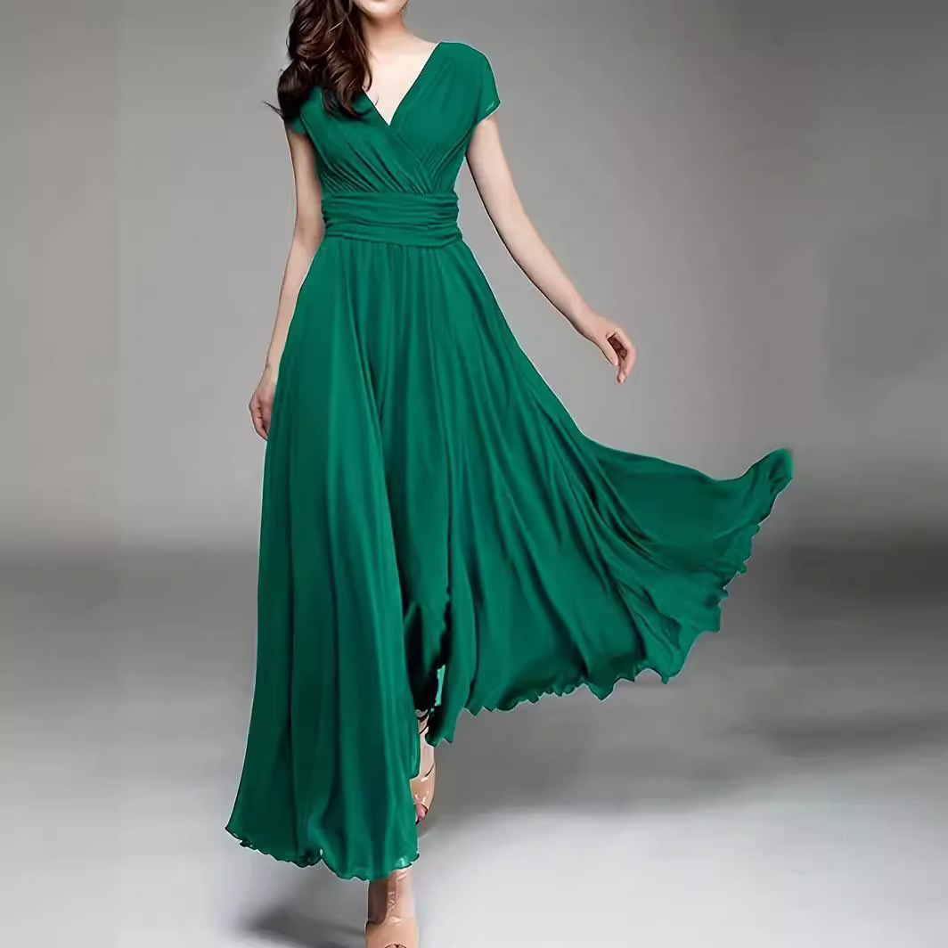 X619Cross-border V-neck short-sleeved Bohemian chiffon waist dress evening gown