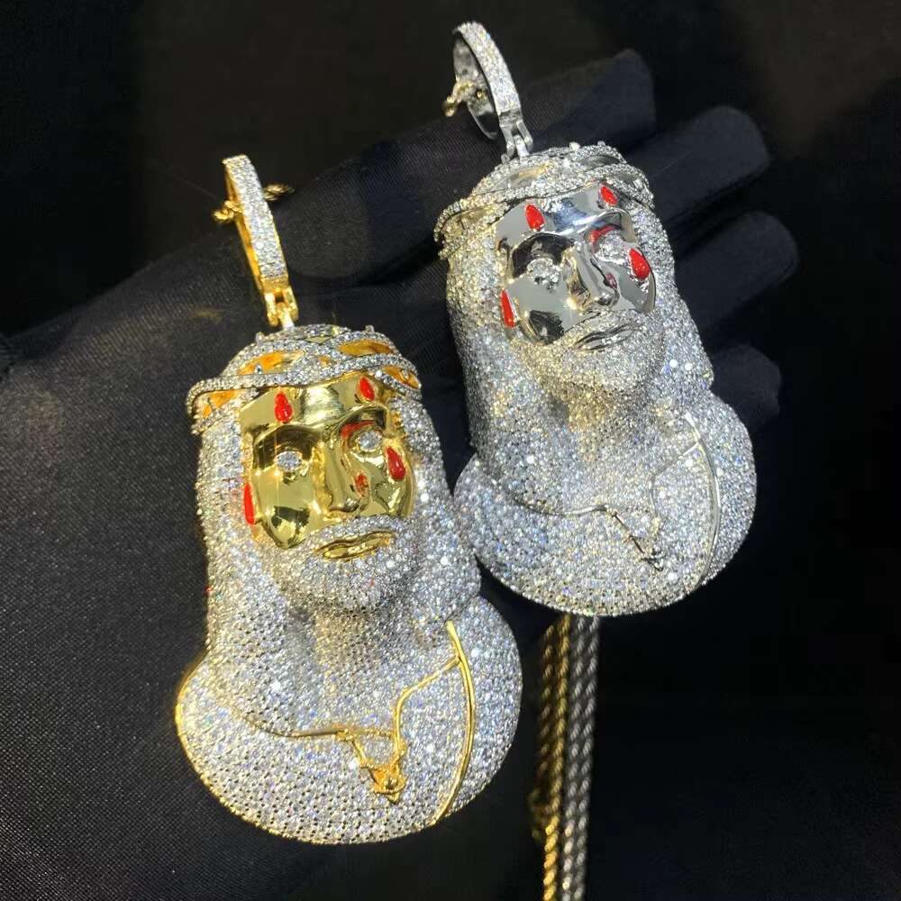 Huge Spooky Silver Jesus Head Bust Zircon Color Tears Thorny Crown Charm Iced Out Jumbo Pendant Cubic Zirconia Necklace