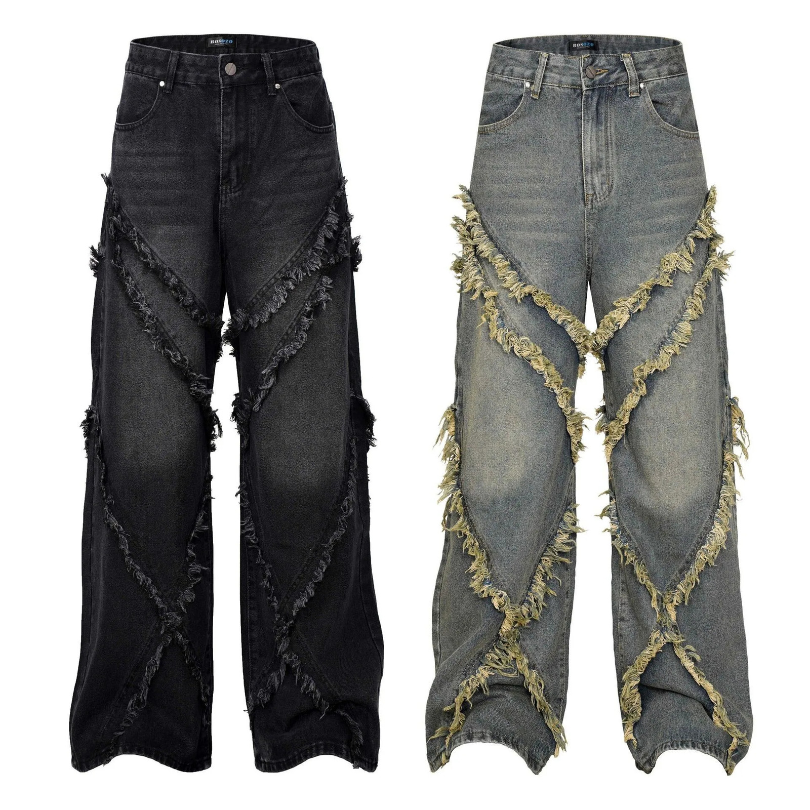 High Street American Washed Old Splicing Cat Whisker Jeans Mens and Womens Same Trendy Loose Wide Leg Straight Pants 250617