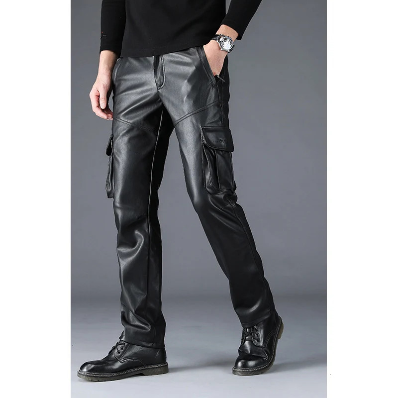 Men's Multi Pockets Motorcycle Soft Waterproof Windproof Biker Workwear PU Faux Leather Cargo Pants y250614