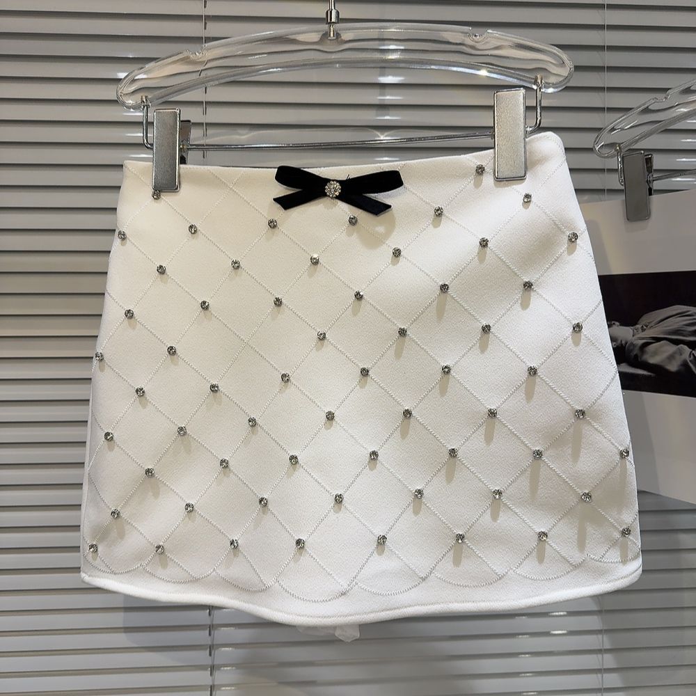 Women cute bow patched luxury design rhinestone gem decorated high waist a-line short skirt SMLXL