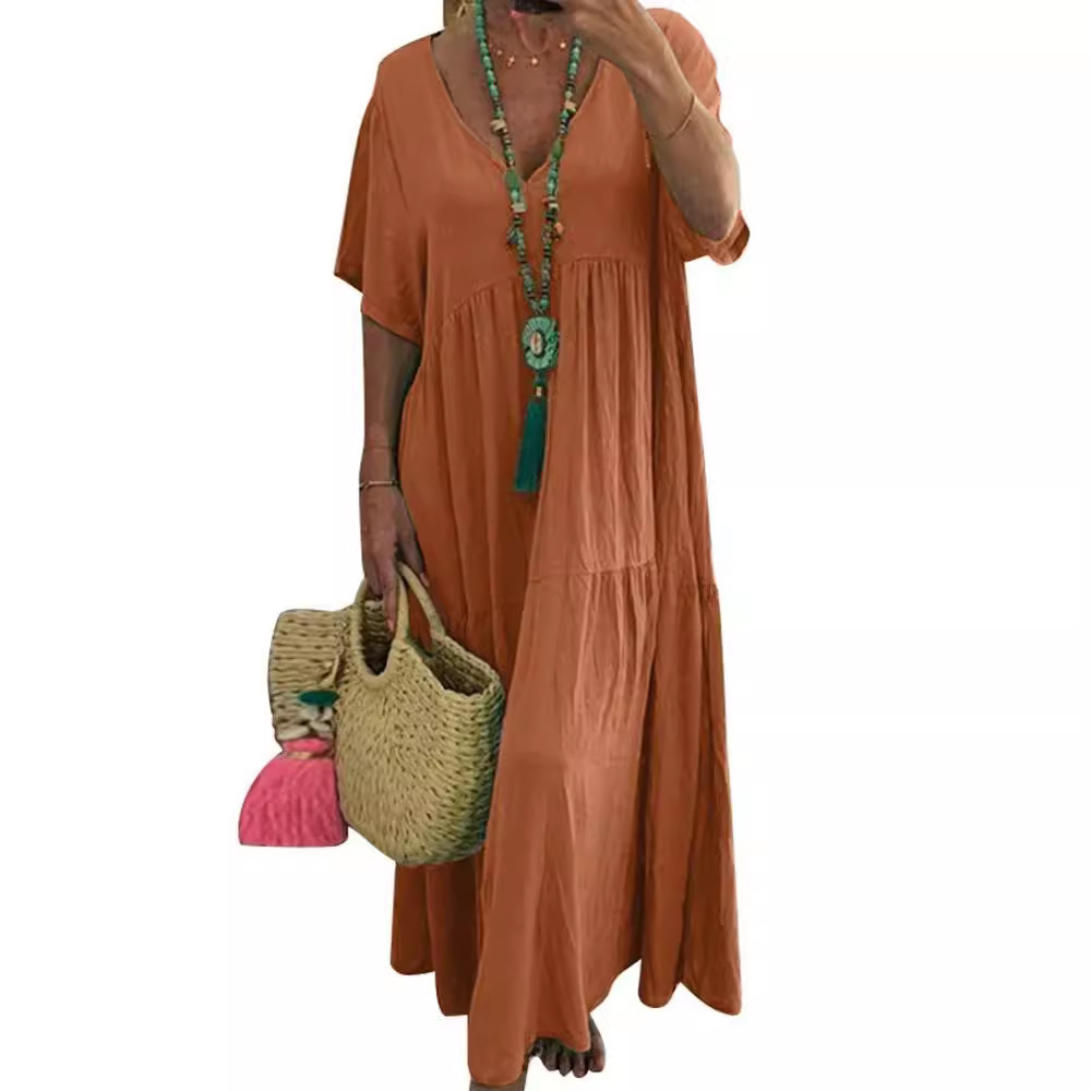 B619European and American new V-neck irregular multi-color multi-size long swing dress