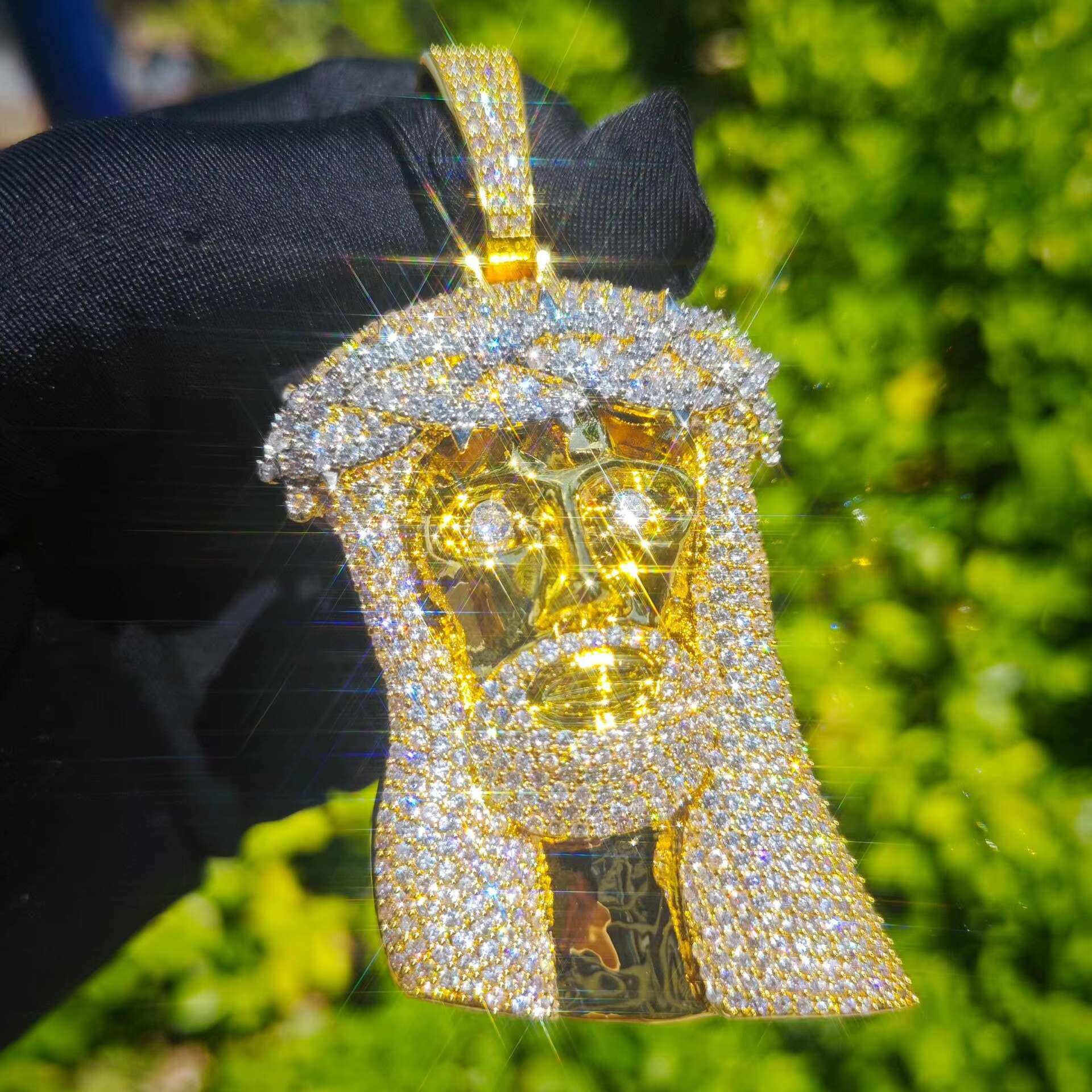 14K Gold Finish Huge Spooky Big Jesus Head Zircon Charm Iced Out Jumbo Pendant Cubic Zirconia Necklace for Men