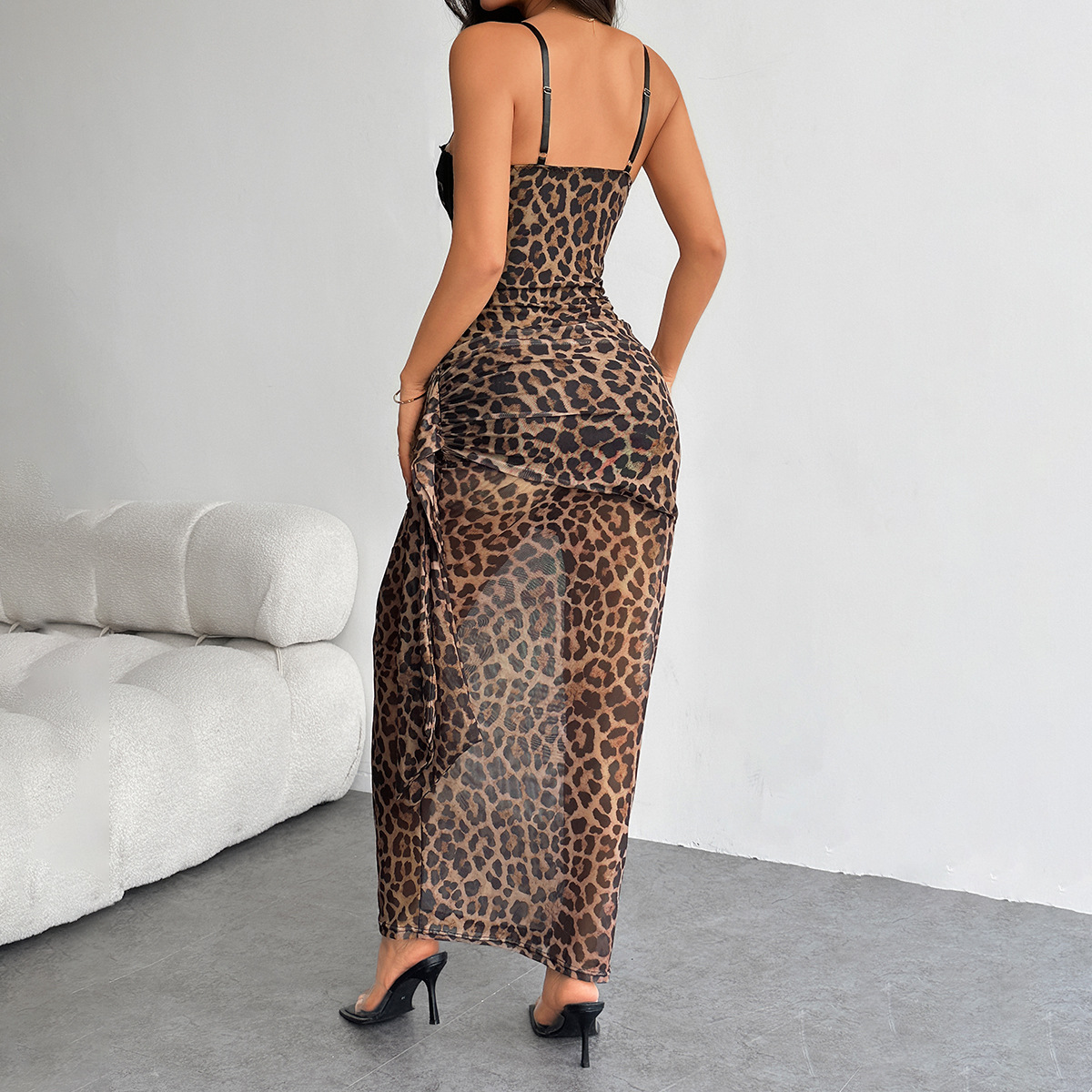 X6181New European and American hot girl wild leopard print chest wrap sexy lace slim suspender dress female