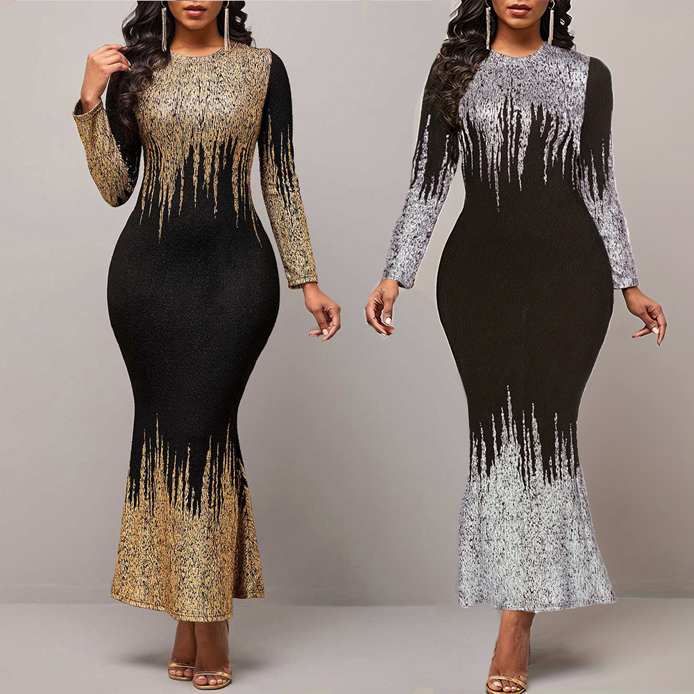 Women Dresses Designer Style Gold Foil Print Slim Fit Long Sleeve Dress Autumn Winter Evening Dress Mermaid Dress Luxury Dress Evening Dress Beach Dre