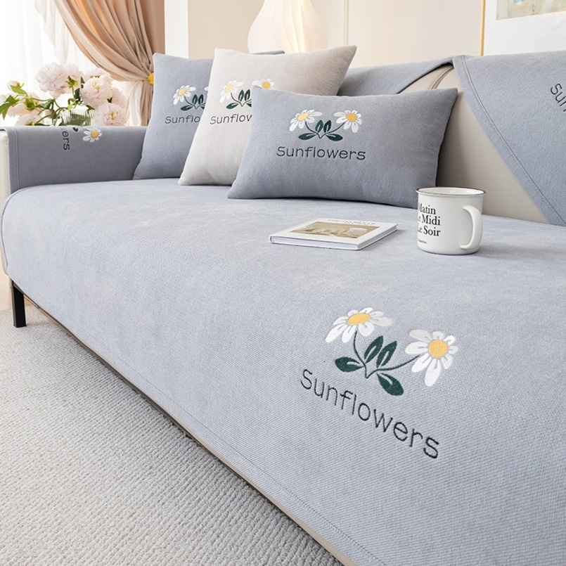 White Chenille All-Season Non-Slip Seat Cushion Light Luxury Embroidered Leather Sofa Cover Slipcover Soft Pack