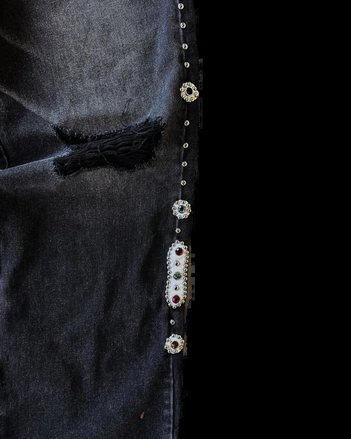 Sorrows Rhinestone Embellished Black Jeans Y2k Punk Vintage Black Streetwear Baggy Wide Leg Jeans Men Women Ripped Denim Pants 250617
