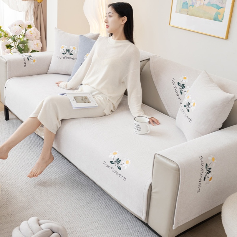 White Chenille All-Season Non-Slip Seat Cushion Light Luxury Embroidered Leather Sofa Cover Slipcover Soft Pack