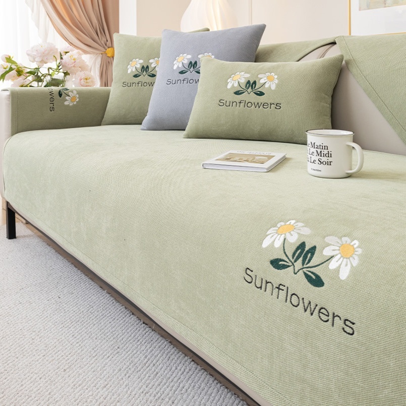 White Chenille All-Season Non-Slip Seat Cushion Light Luxury Embroidered Leather Sofa Cover Slipcover Soft Pack