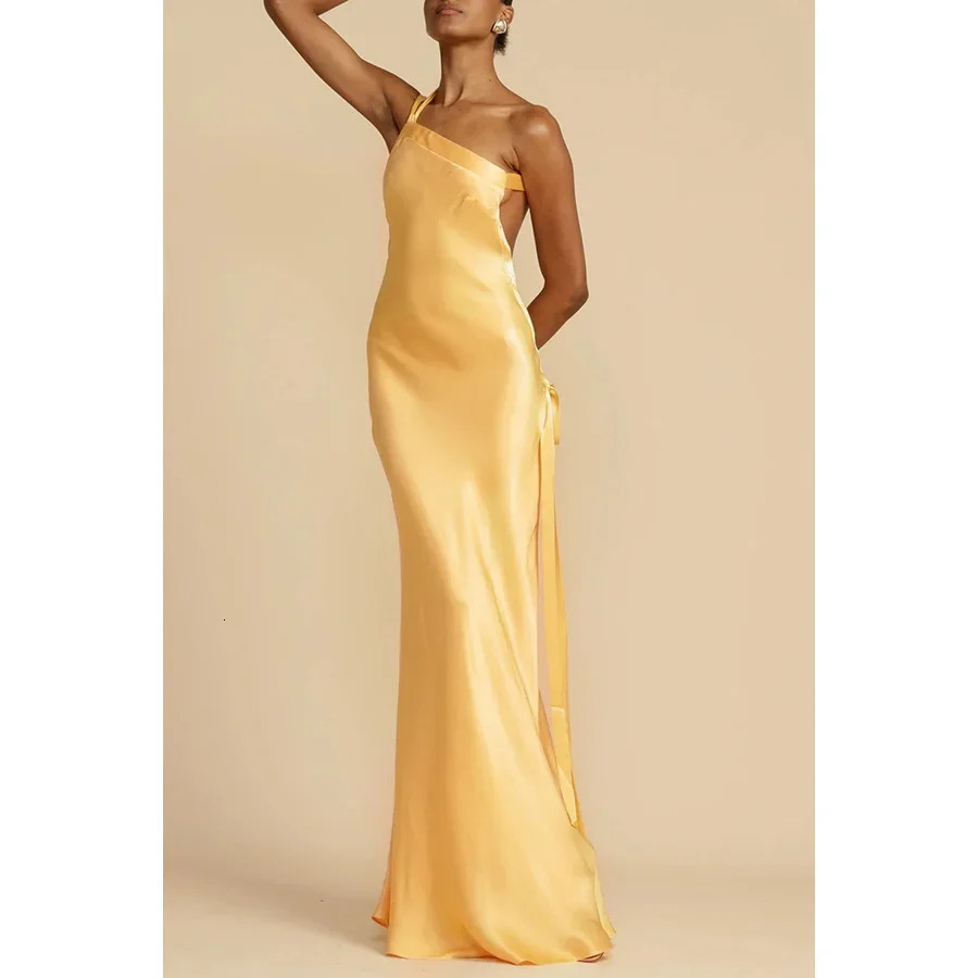 2025 Summer Women Evening Dress Satin One-shoulder Black Trumpet Elegant Long Dresses Female Fashion Party Club Vestidos Ladies 250617